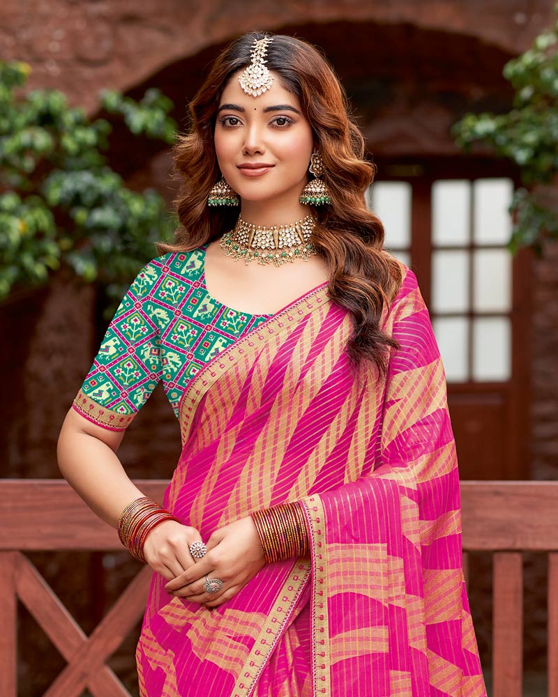 Vishal Prints Dark Hot Pink Designer Zari-Brasso Saree With Fancy Embroidery-Gota Patti Border