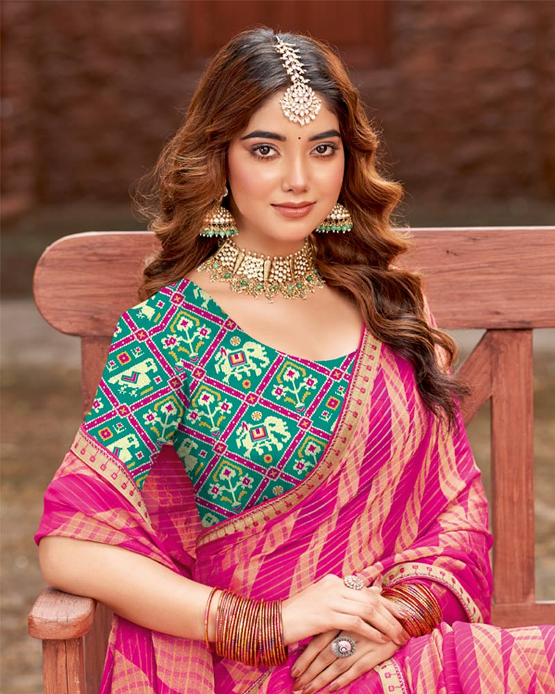 Vishal Prints Dark Hot Pink Designer Zari-Brasso Saree With Fancy Embroidery-Gota Patti Border