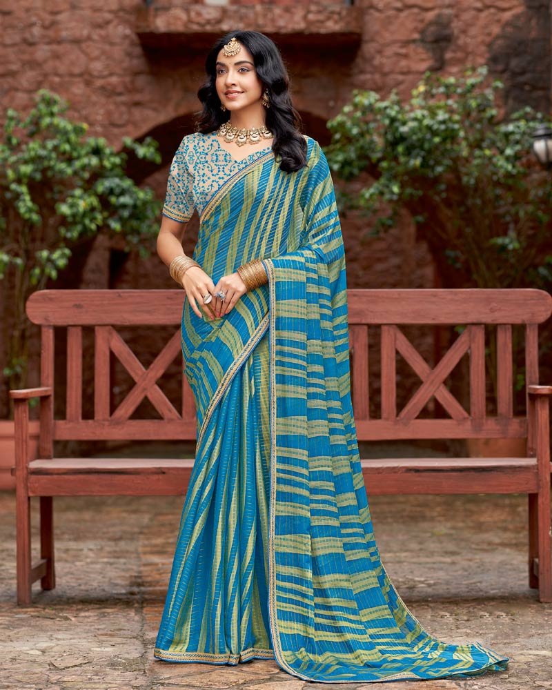 Vishal Prints French Blue Designer Zari-Brasso Saree With Fancy Embroidery-Gota Patti Border