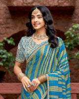 Vishal Prints French Blue Designer Zari-Brasso Saree With Fancy Embroidery-Gota Patti Border