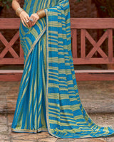 Vishal Prints French Blue Designer Zari-Brasso Saree With Fancy Embroidery-Gota Patti Border