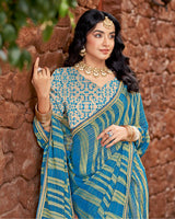 Vishal Prints French Blue Designer Zari-Brasso Saree With Fancy Embroidery-Gota Patti Border