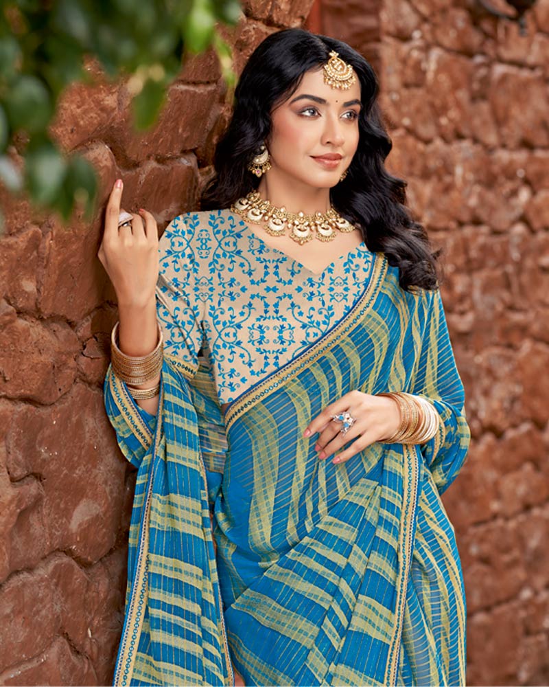 Vishal Prints French Blue Designer Zari-Brasso Saree With Fancy Embroidery-Gota Patti Border