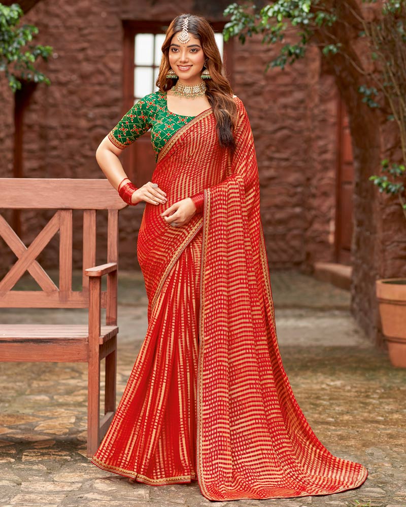 Vishal Prints Persian Red Designer Zari-Brasso Saree With Fancy Embroidery-Gota Patti Border