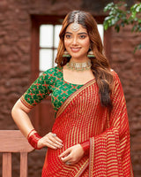 Vishal Prints Persian Red Designer Zari-Brasso Saree With Fancy Embroidery-Gota Patti Border