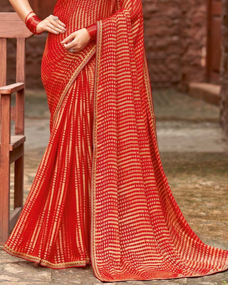 Vishal Prints Persian Red Designer Zari-Brasso Saree With Fancy Embroidery-Gota Patti Border