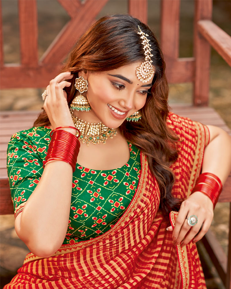 Vishal Prints Persian Red Designer Zari-Brasso Saree With Fancy Embroidery-Gota Patti Border