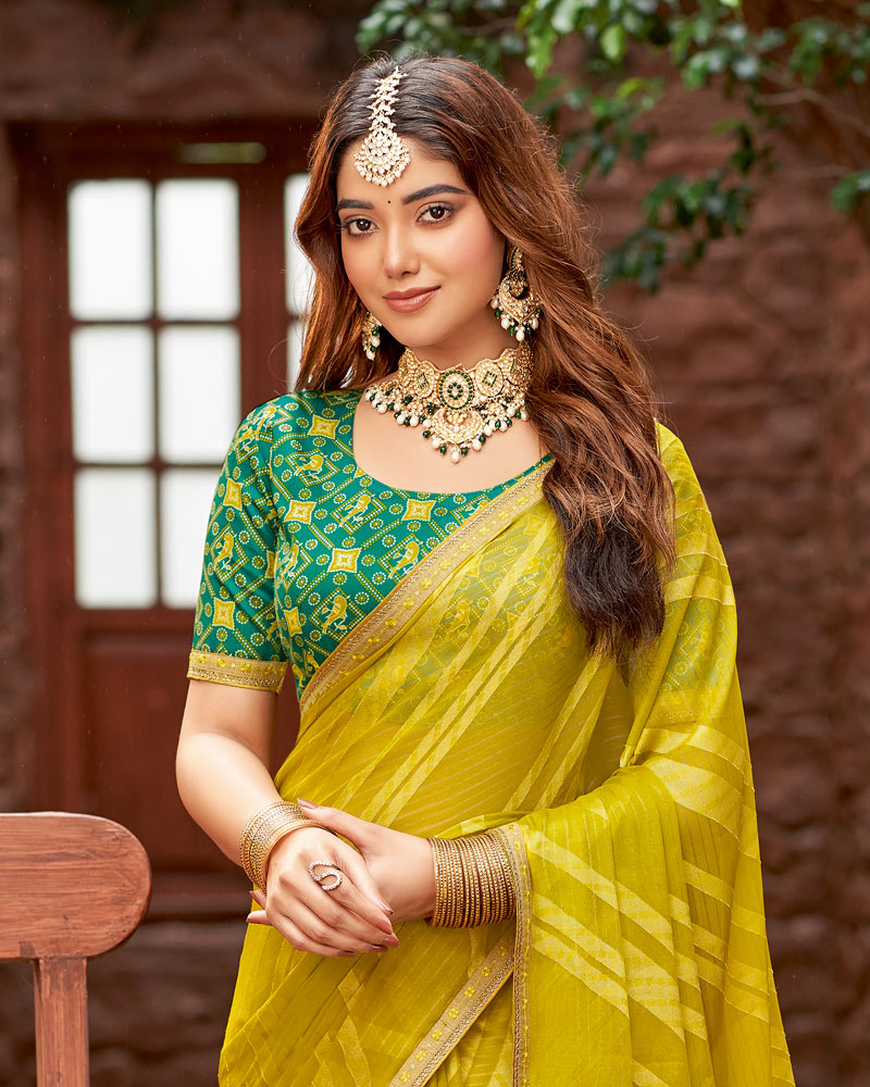 Vishal Prints Burnt Mustard Yellow Designer Zari-Brasso Saree With Fancy Embroidery-Gota Patti Border