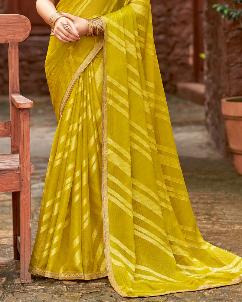 Vishal Prints Burnt Mustard Yellow Designer Zari-Brasso Saree With Fancy Embroidery-Gota Patti Border