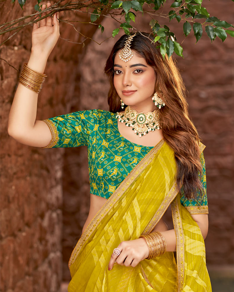 Vishal Prints Burnt Mustard Yellow Designer Zari-Brasso Saree With Fancy Embroidery-Gota Patti Border