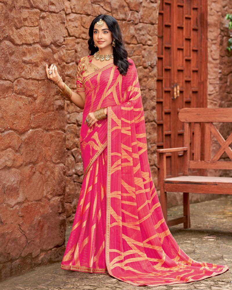 Vishal Prints Amaranth Pink Designer Zari-Brasso Saree With Fancy Embroidery-Gota Patti Border