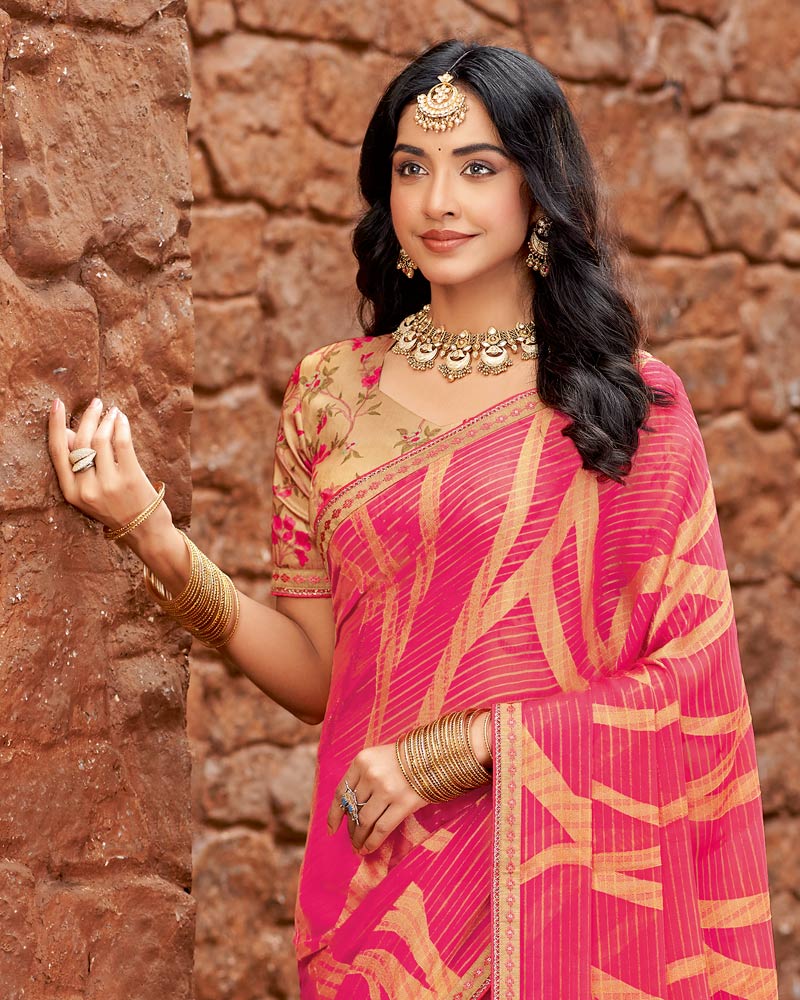 Vishal Prints Amaranth Pink Designer Zari-Brasso Saree With Fancy Embroidery-Gota Patti Border