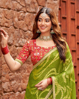 Vishal Prints Olive Green Designer Zari-Brasso Saree With Fancy Embroidery-Gota Patti Border