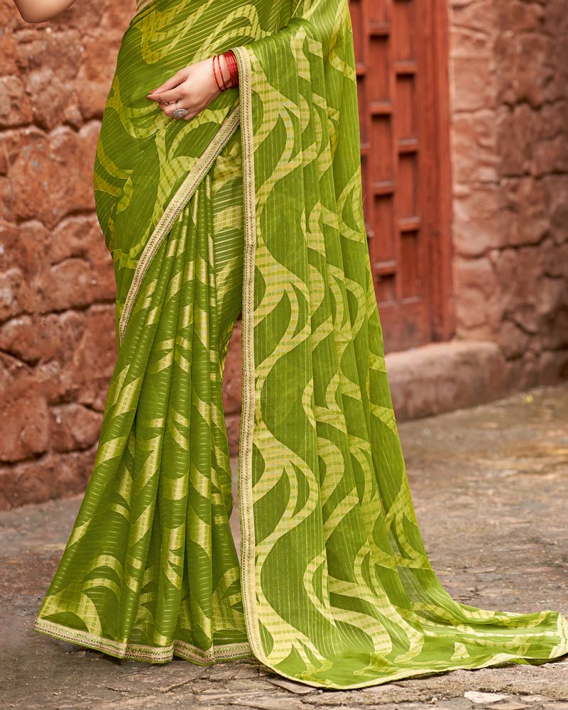 Vishal Prints Olive Green Designer Zari-Brasso Saree With Fancy Embroidery-Gota Patti Border