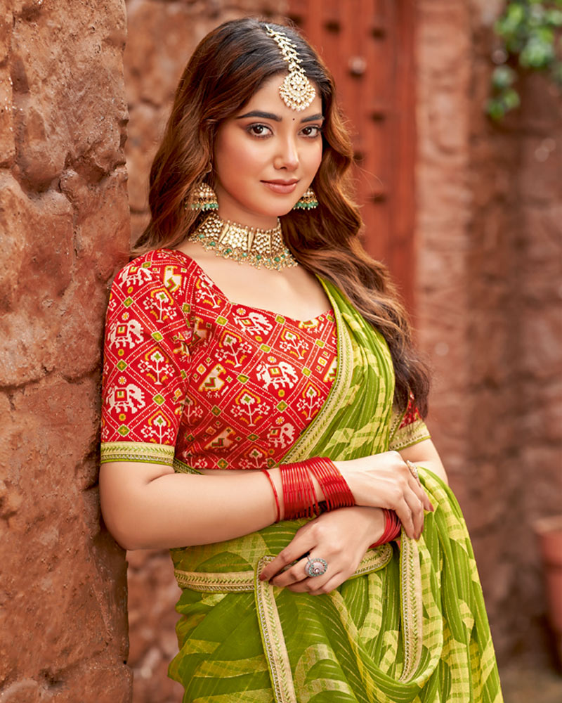 Vishal Prints Olive Green Designer Zari-Brasso Saree With Fancy Embroidery-Gota Patti Border