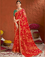Vishal Prints Crimson Red Designer Fancy Chiffon-Brasso Saree With Fancy Border