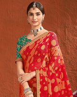 Vishal Prints Crimson Red Designer Fancy Chiffon-Brasso Saree With Fancy Border