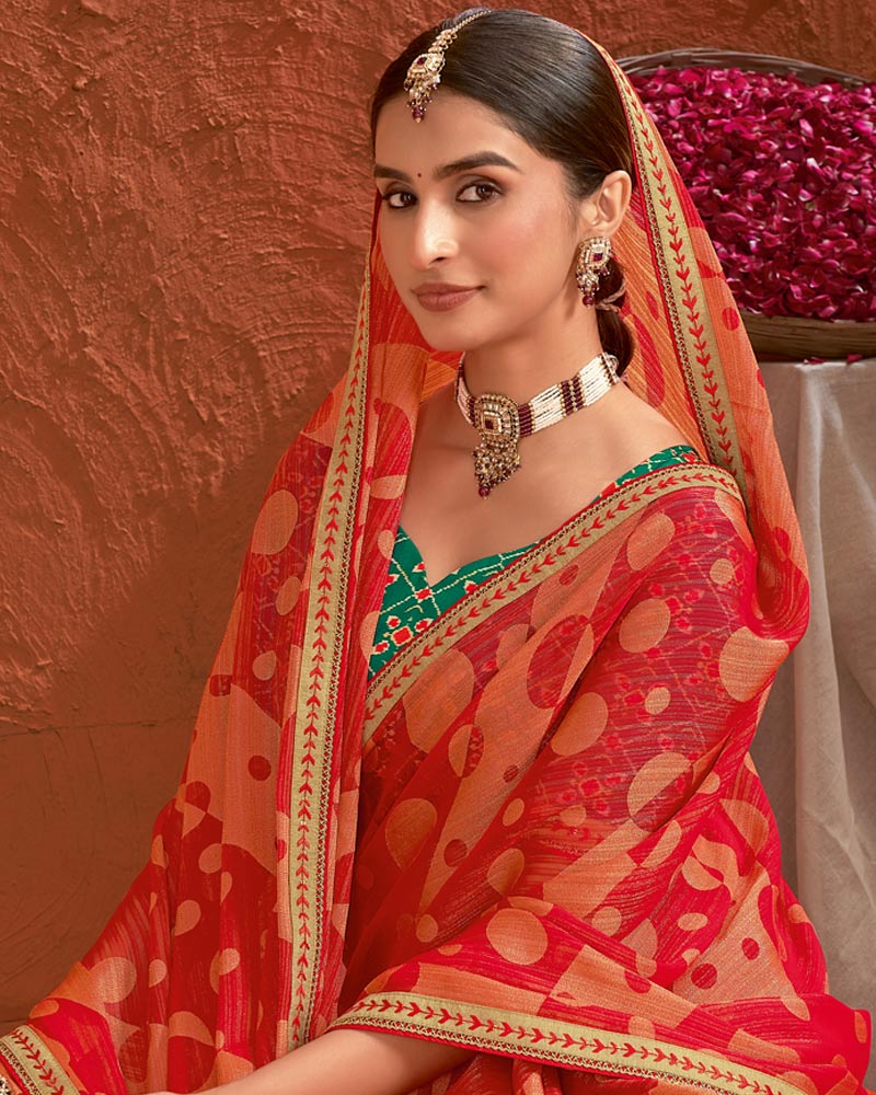 Vishal Prints Crimson Red Designer Fancy Chiffon-Brasso Saree With Fancy Border