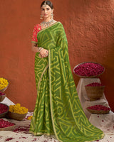 Vishal Prints Leaf Green Designer Fancy Chiffon-Brasso Saree With Fancy Border