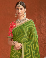 Vishal Prints Leaf Green Designer Fancy Chiffon-Brasso Saree With Fancy Border