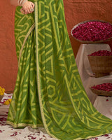 Vishal Prints Leaf Green Designer Fancy Chiffon-Brasso Saree With Fancy Border