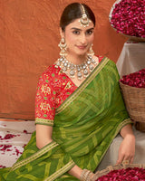 Vishal Prints Leaf Green Designer Fancy Chiffon-Brasso Saree With Fancy Border