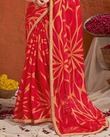 Vishal Prints Scarlet Red Designer Fancy Chiffon-Brasso Saree With Fancy Border