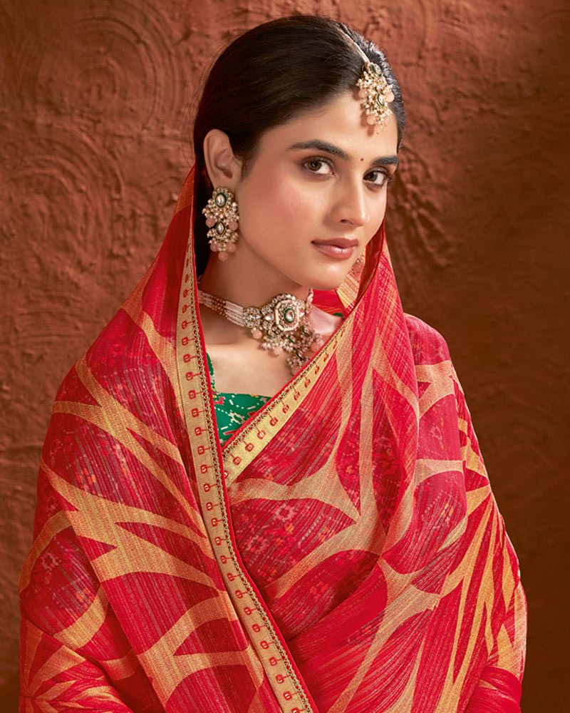 Vishal Prints Scarlet Red Designer Fancy Chiffon-Brasso Saree With Fancy Border