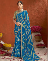 Vishal Prints Royal Blue Designer Fancy Chiffon-Brasso Saree With Fancy Border