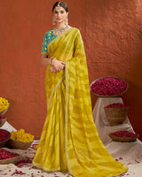 Vishal Prints Lime Yellow Designer Fancy Chiffon-Brasso Saree With Fancy Border