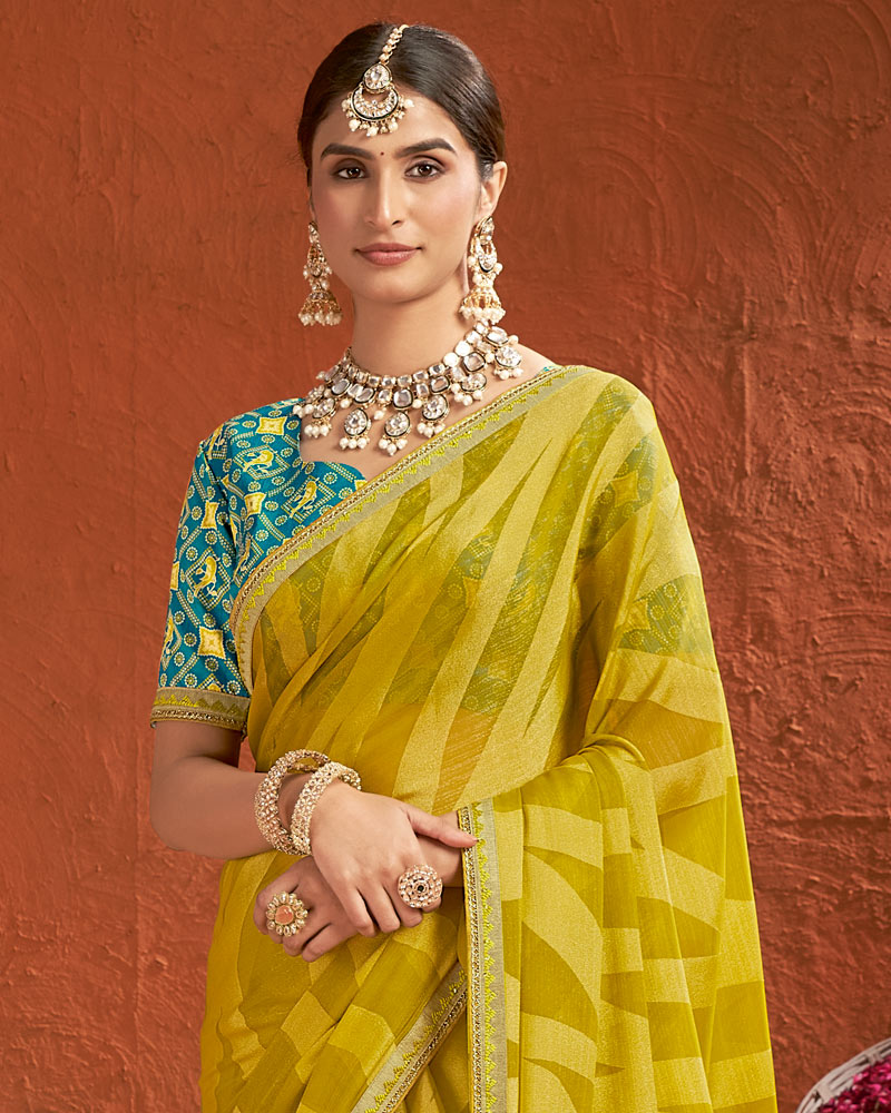 Vishal Prints Lime Yellow Designer Fancy Chiffon-Brasso Saree With Fancy Border