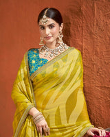Vishal Prints Lime Yellow Designer Fancy Chiffon-Brasso Saree With Fancy Border