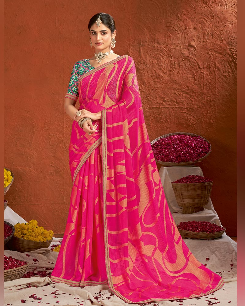 Vishal Prints Hot Pink Designer Fancy Chiffon-Brasso Saree With Fancy Border