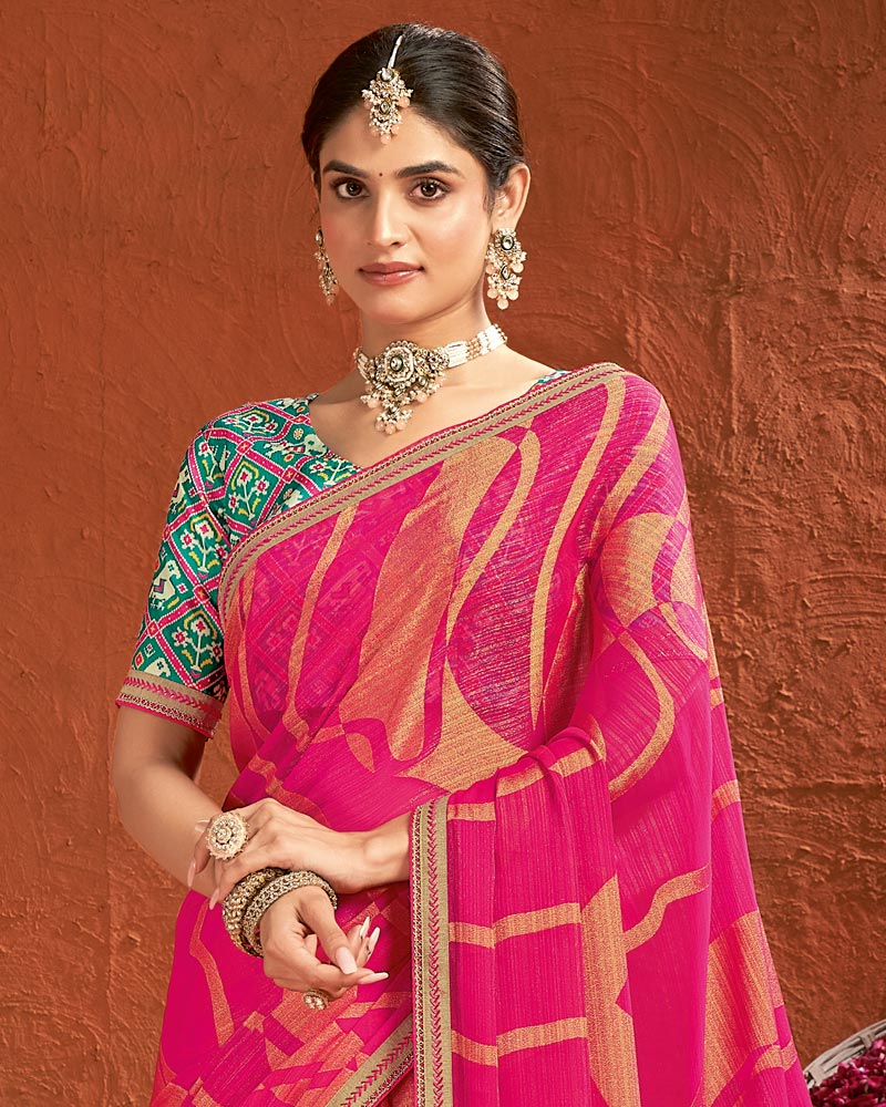 Vishal Prints Hot Pink Designer Fancy Chiffon-Brasso Saree With Fancy Border