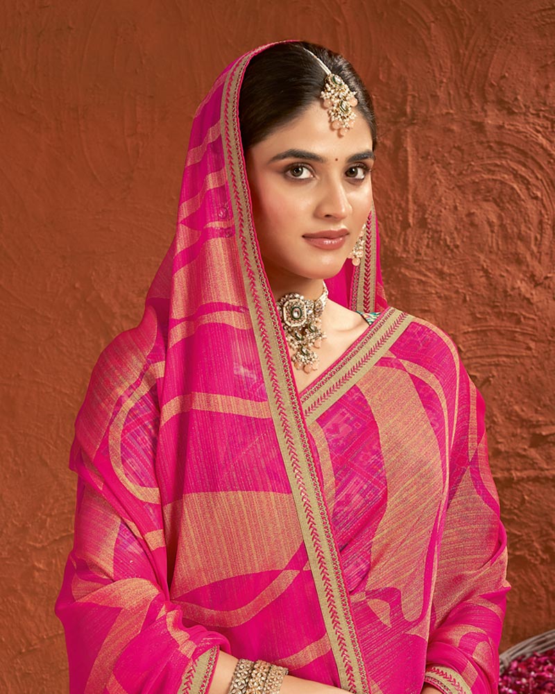 Vishal Prints Hot Pink Designer Fancy Chiffon-Brasso Saree With Fancy Border