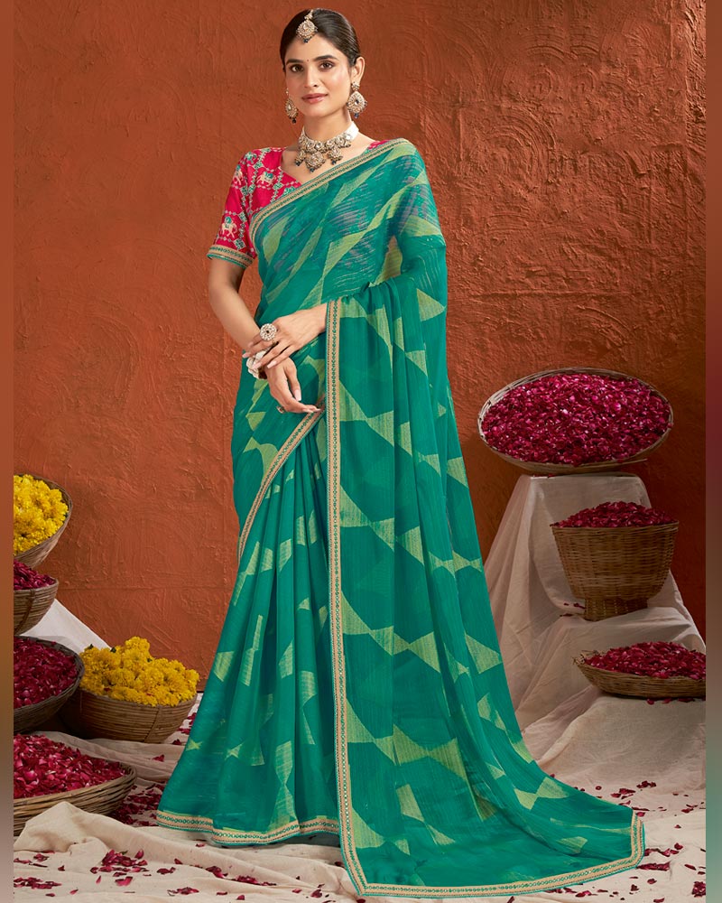 Vishal Prints Pine Green Designer Fancy Chiffon-Brasso Saree With Fancy Border
