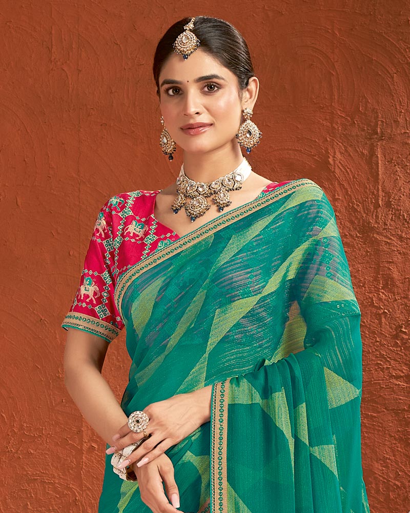 Vishal Prints Pine Green Designer Fancy Chiffon-Brasso Saree With Fancy Border