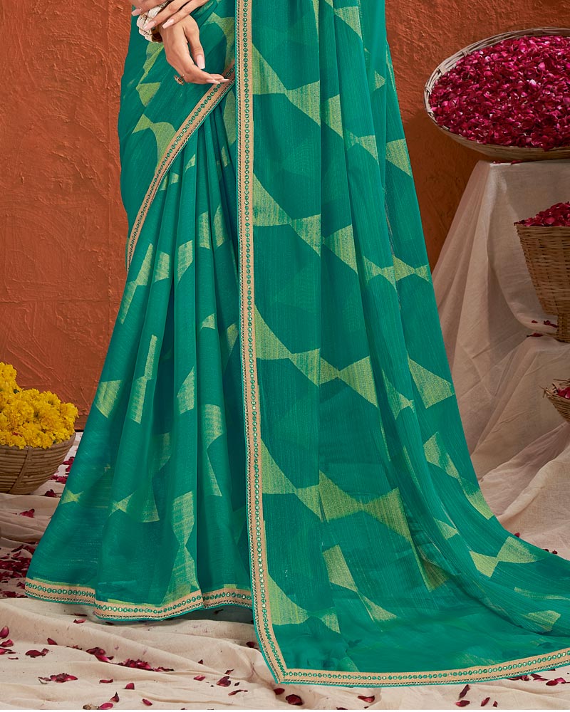 Vishal Prints Pine Green Designer Fancy Chiffon-Brasso Saree With Fancy Border