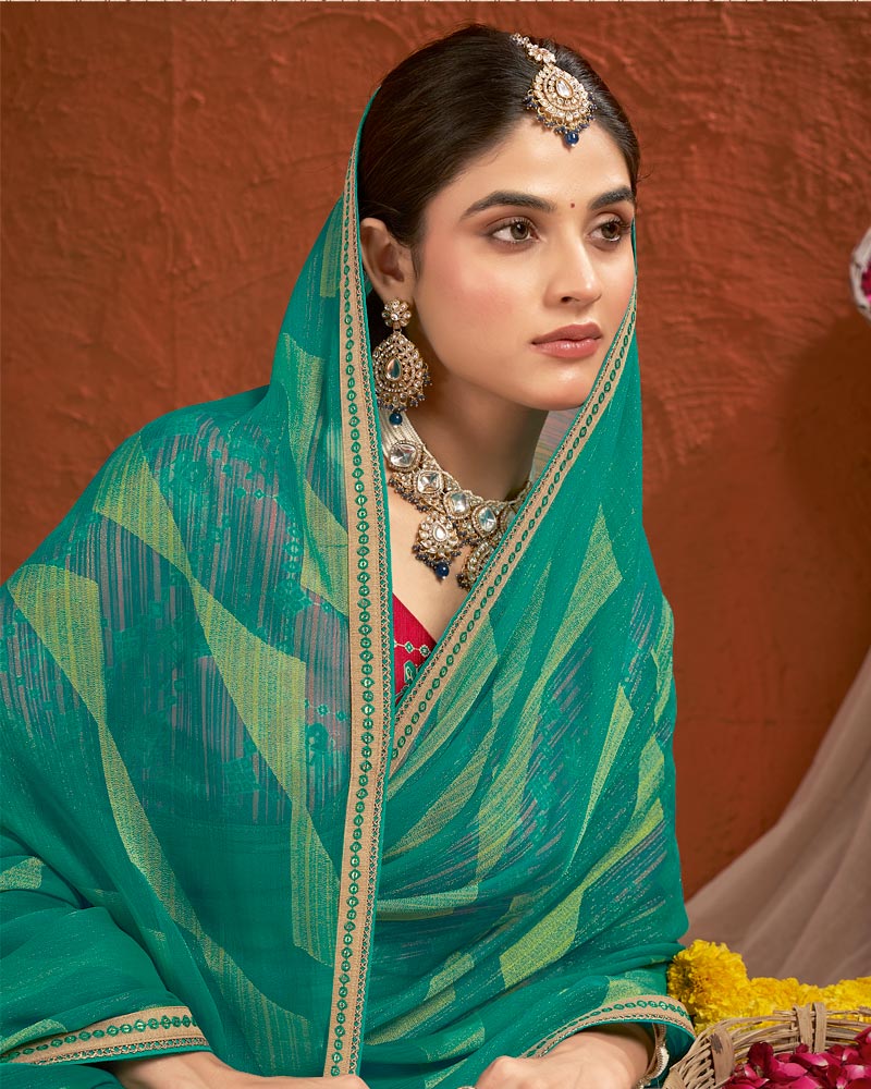 Vishal Prints Pine Green Designer Fancy Chiffon-Brasso Saree With Fancy Border