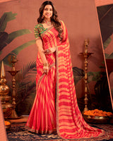 Vishal Prints Pastel Red Designer Chiffon-Brasso Traditional Print Saree With Fancy Embroidery Border