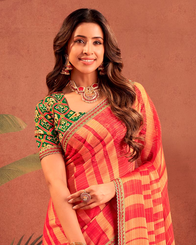 Vishal Prints Pastel Red Designer Chiffon-Brasso Traditional Print Saree With Fancy Embroidery Border