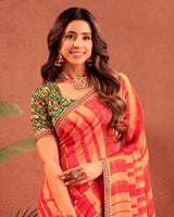 Vishal Prints Pastel Red Designer Chiffon-Brasso Traditional Print Saree With Fancy Embroidery Border