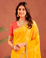 Vishal Prints Golden Yellow Designer Chiffon-Brasso Traditional Print Saree With Fancy Embroidery Border