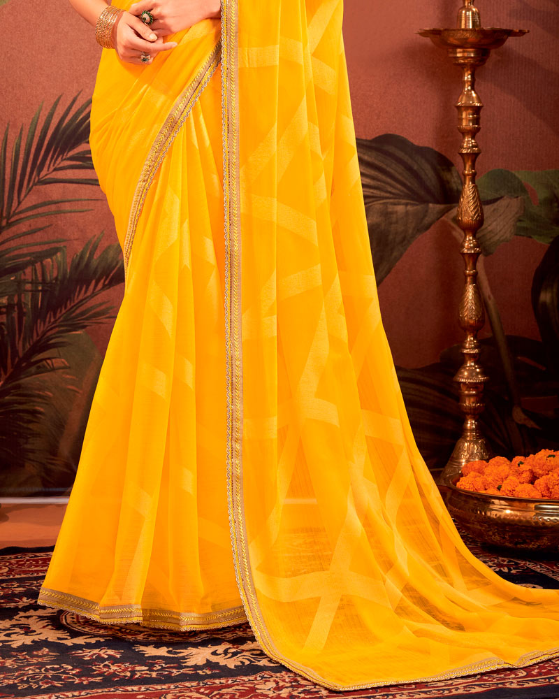 Vishal Prints Golden Yellow Designer Chiffon-Brasso Traditional Print Saree With Fancy Embroidery Border