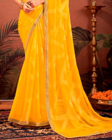 Vishal Prints Golden Yellow Designer Chiffon-Brasso Traditional Print Saree With Fancy Embroidery Border