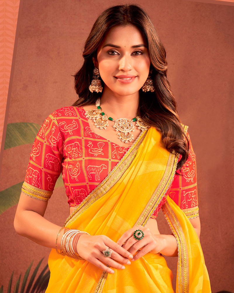Vishal Prints Golden Yellow Designer Chiffon-Brasso Traditional Print Saree With Fancy Embroidery Border
