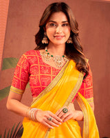 Vishal Prints Golden Yellow Designer Chiffon-Brasso Traditional Print Saree With Fancy Embroidery Border