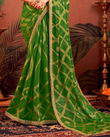 Vishal Prints Fern Green Designer Chiffon-Brasso Traditional Print Saree With Fancy Embroidery Border