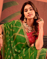 Vishal Prints Fern Green Designer Chiffon-Brasso Traditional Print Saree With Fancy Embroidery Border