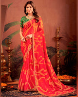 Vishal Prints Lava Red Designer Chiffon-Brasso Traditional Print Saree With Fancy Embroidery Border